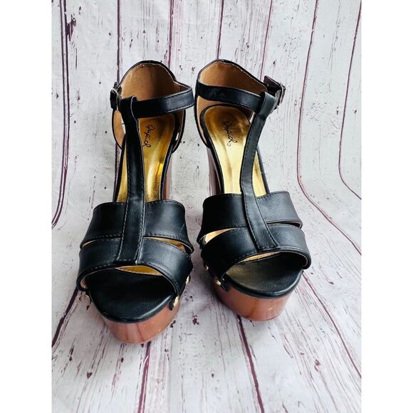 Black & Gold Studded 2" Platform w/ Brown Wood Style Chunky Block 5" Heel - Picture 2 of 10